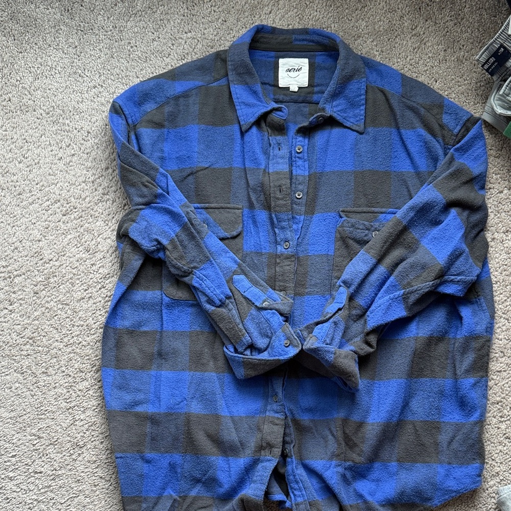 Aerie Blue and Black Plaid Button-Down Shirt